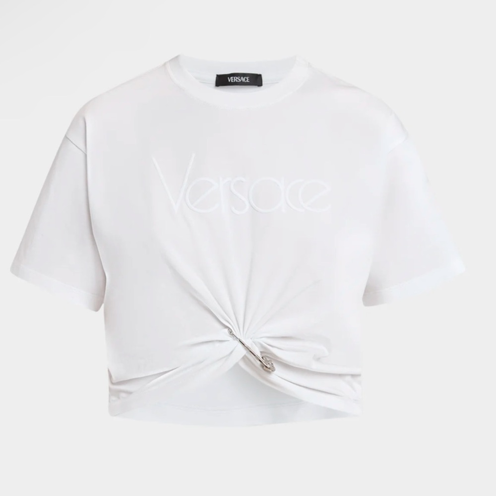 NWT Versace Logo Twist Safety-Pin Crop T-Shirt size 44